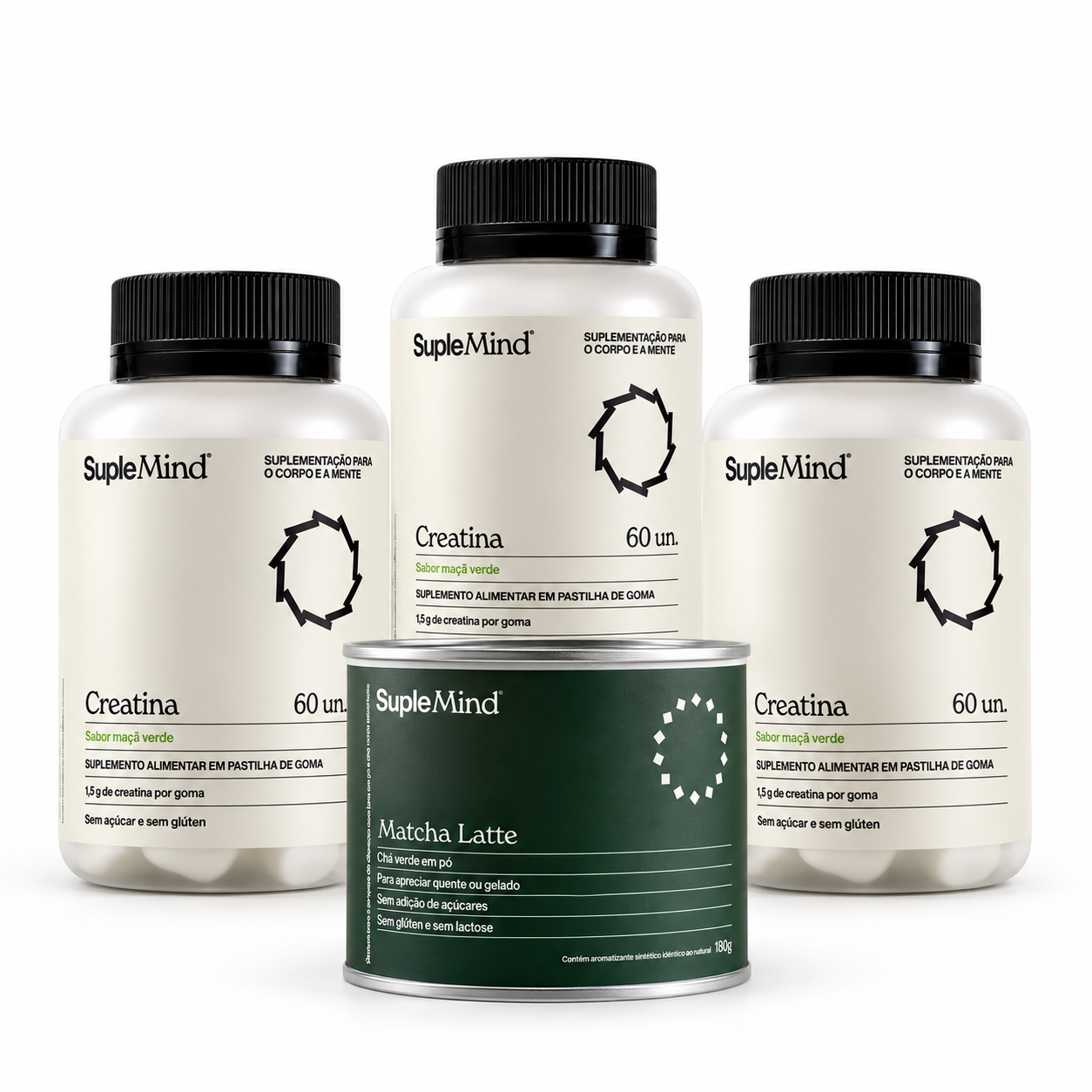 3 potes de Creatina Gummy Maçã Verde com 1 pote de Matcha Latte