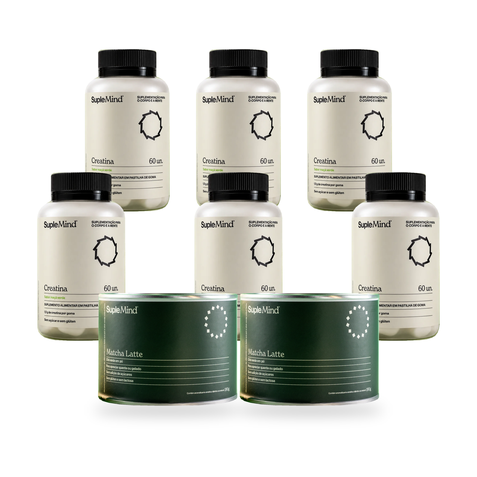 6 potes de Creatina Gummy Maçã Verde com 2 potes de Matcha Latte