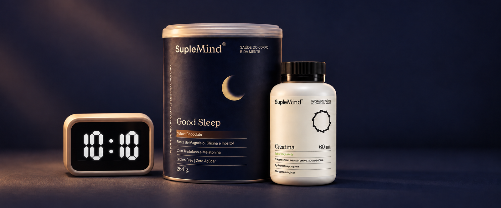Good Sleep e Creatina Gummy Maçã Verde SupleMind ao lado de um relógio marcando 10:10